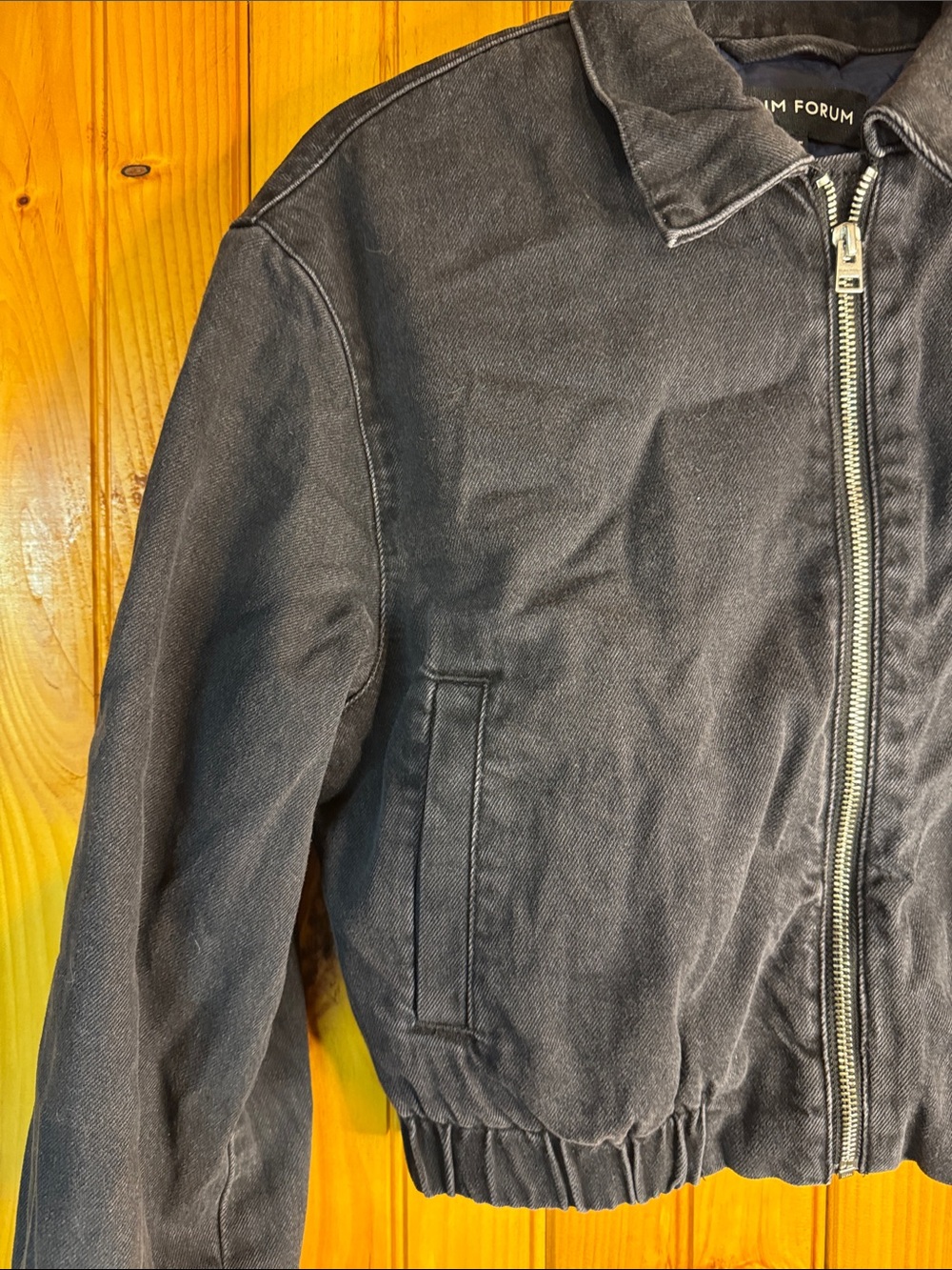 Aritzia Denim Forum Black Cropped Insulated Bomber Jacket- Slight Oversized Fit - Picture 6 of 12